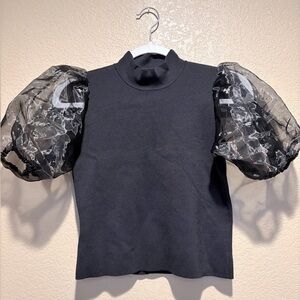 House of Harlow 1960 Charcoal Mock Neck Top with Sheer Bubble Sleeves Sz S